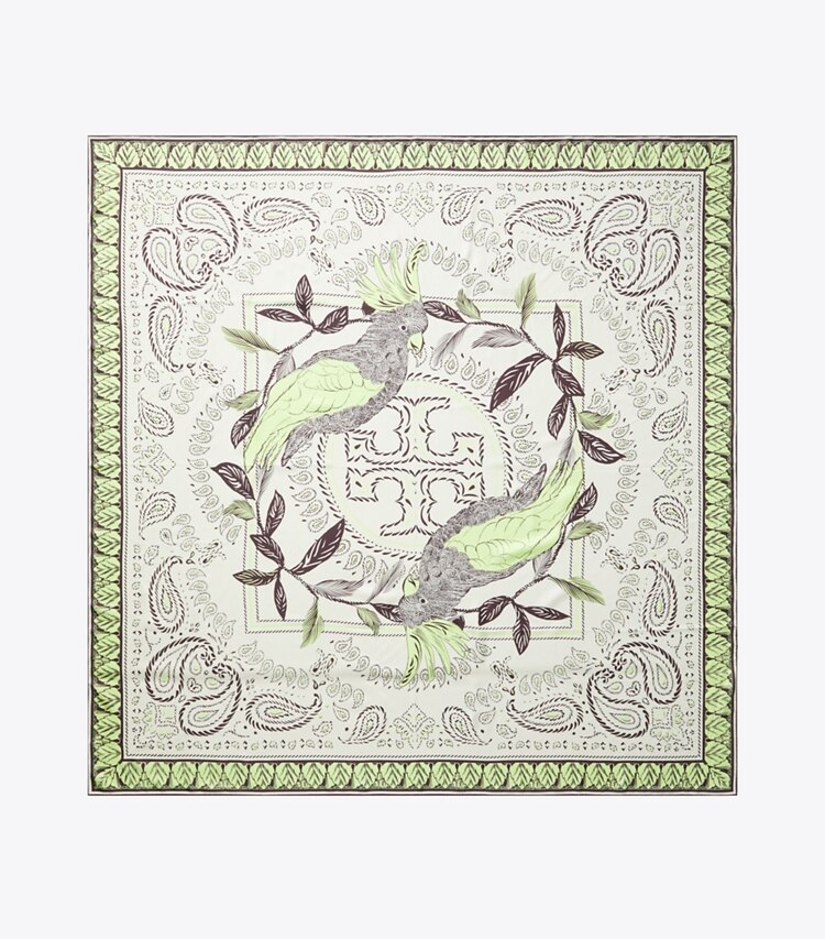 Tory Burch designer écharpes Foulard bandana carré surdimensionné motif cacatoès dans Mint Cockatoo vue du dessus