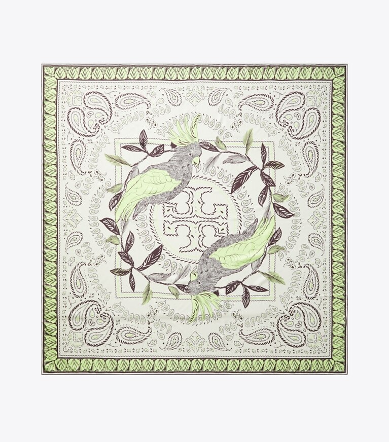 Tory Burch designer écharpes Foulard bandana carré surdimensionné motif cacatoès dans Mint Cockatoo vue du dessus