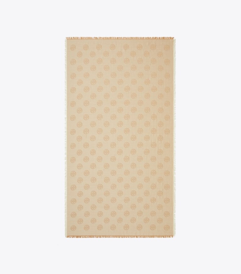 Tory Burch designer écharpes Foulard de voyage oblong à logo médaillon dans Camel vue du dessus