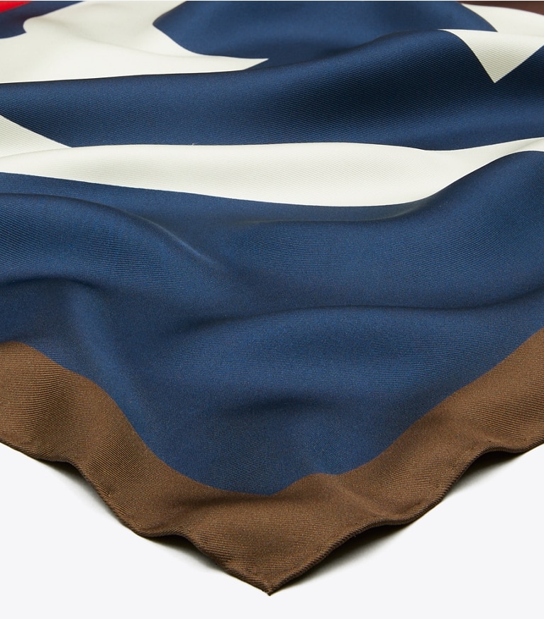 Tory Burch designer sciarpe Foulard quadrato in seta color-block con logo in Tory Navy / Red / Brown superiore