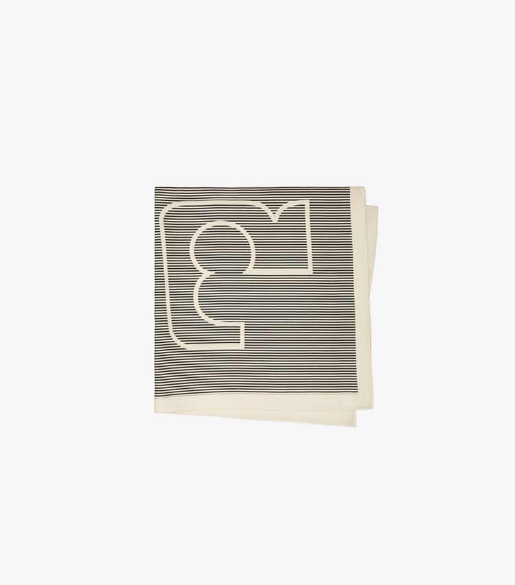 Tory Burch designer sciarpe Foulard quadrato in seta con logo gessato in Pinstripe Logo French Cream folded