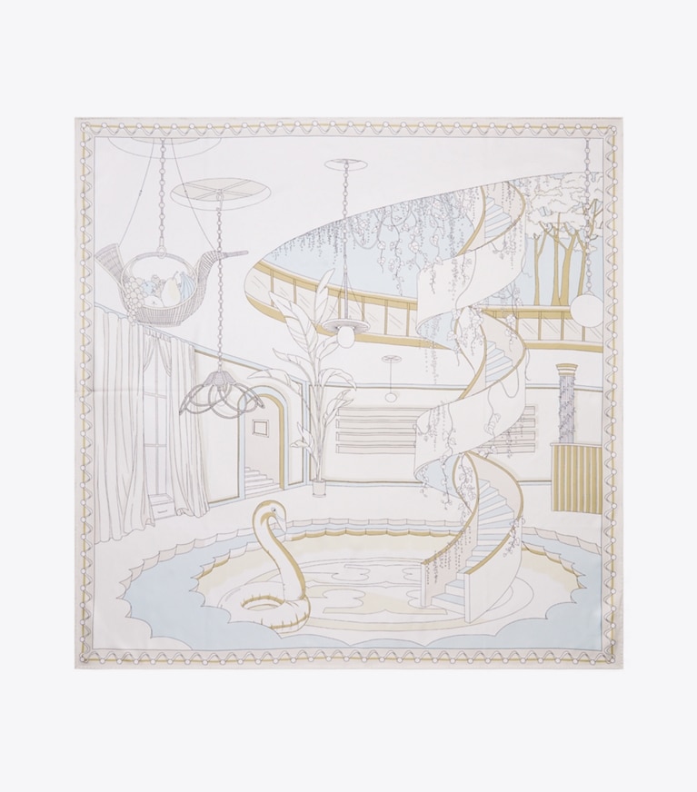 Tory Burch designer sciarpe Foulard quadrato in seta The Pool in The Pool Beige superiore