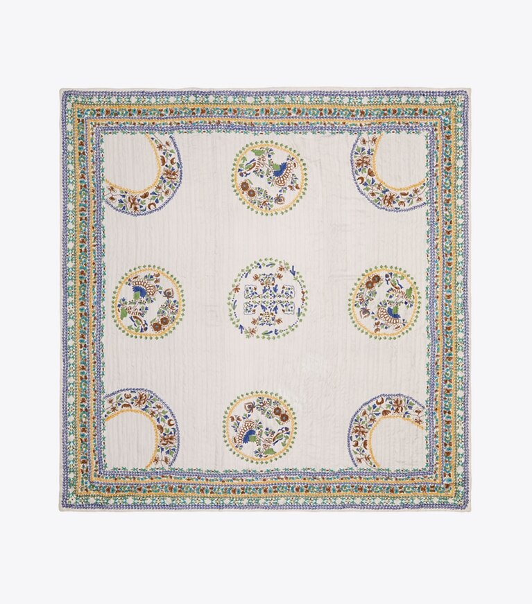 Tory Burch designer sciarpe Foulard quadrato oversize ricamato ispirato ai piatti in ceramica in Light Blue / GREY superiore