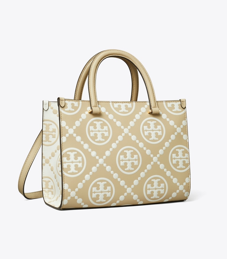 Tory Burch designer cabas Fourre-tout à poignée supérieure à T monogram embossé contrastant dans Beige angle
