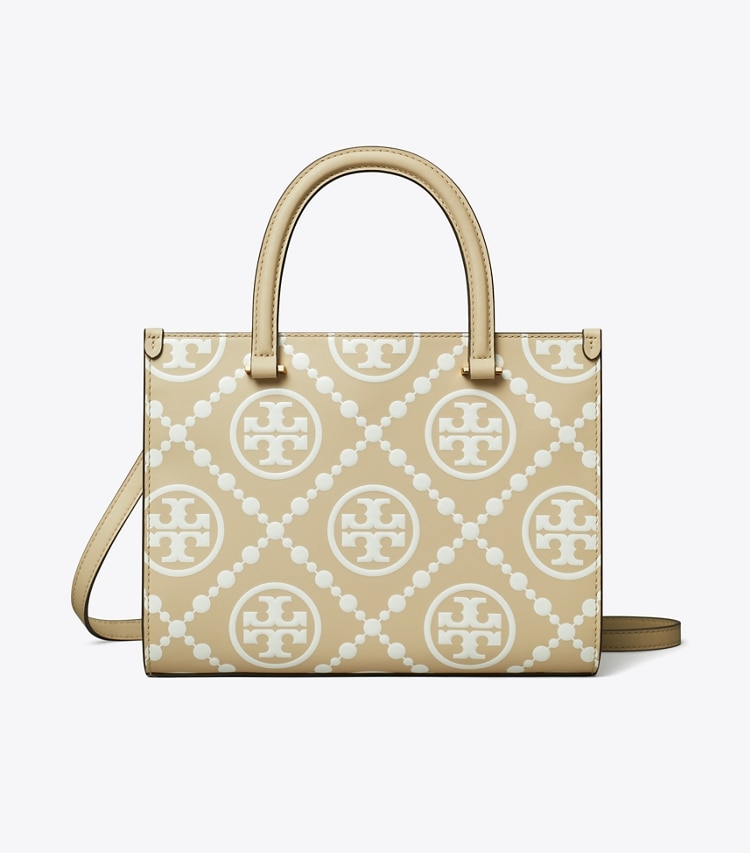 Tory Burch designer cabas Fourre-tout à poignée supérieure à T monogram embossé contrastant dans Beige de face