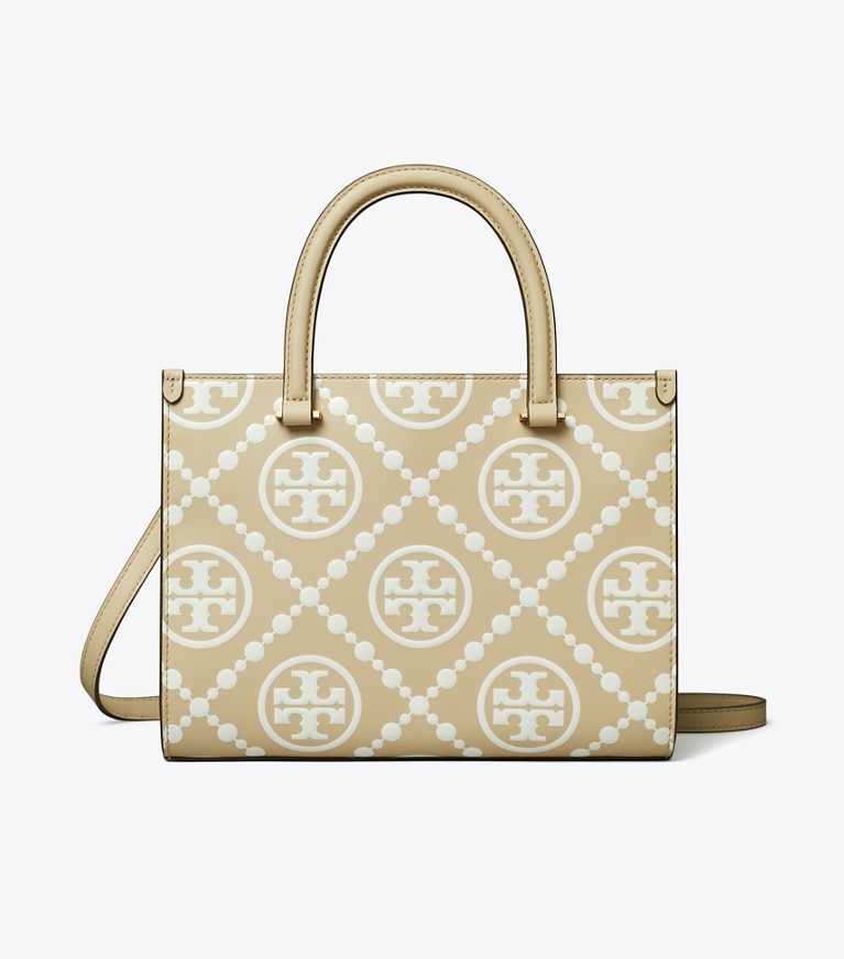Tory Burch designer cabas Fourre-tout à poignée supérieure à T monogram embossé contrastant dans Beige de face