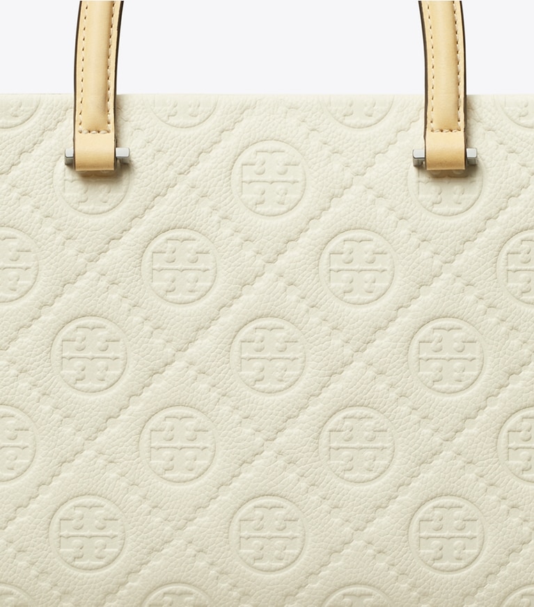 Tory Burch designer cabas Fourre-tout à poignée supérieure en cuir grainé à motif T Monogram dans Warm White détails