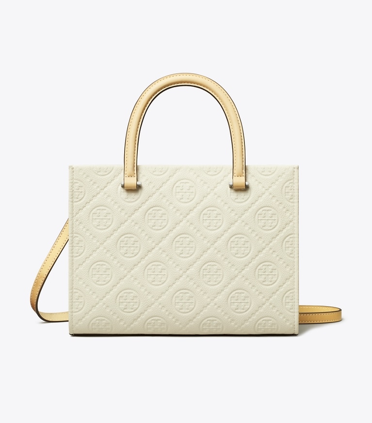 Tory Burch designer cabas Fourre-tout à poignée supérieure en cuir grainé à motif T Monogram dans Warm White de face