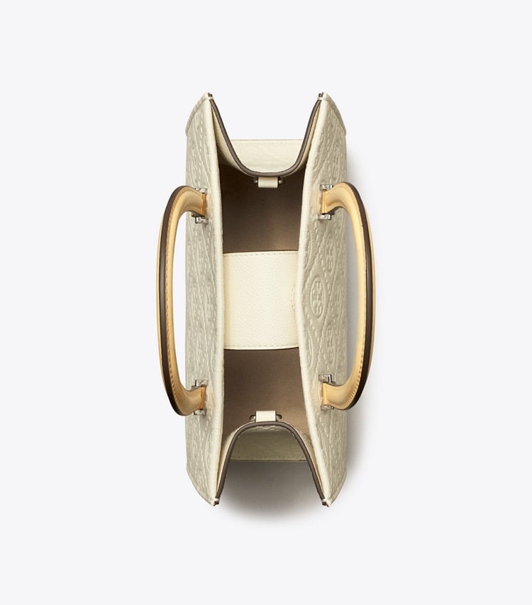 Tory Burch designer cabas Fourre-tout à poignée supérieure en cuir grainé à motif T Monogram dans Warm White vue du dessus