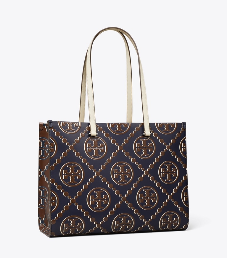 Tory Burch designer cabas Fourre-tout à T Monogram embossé contrastant dans Tory Navy / John Coco angle