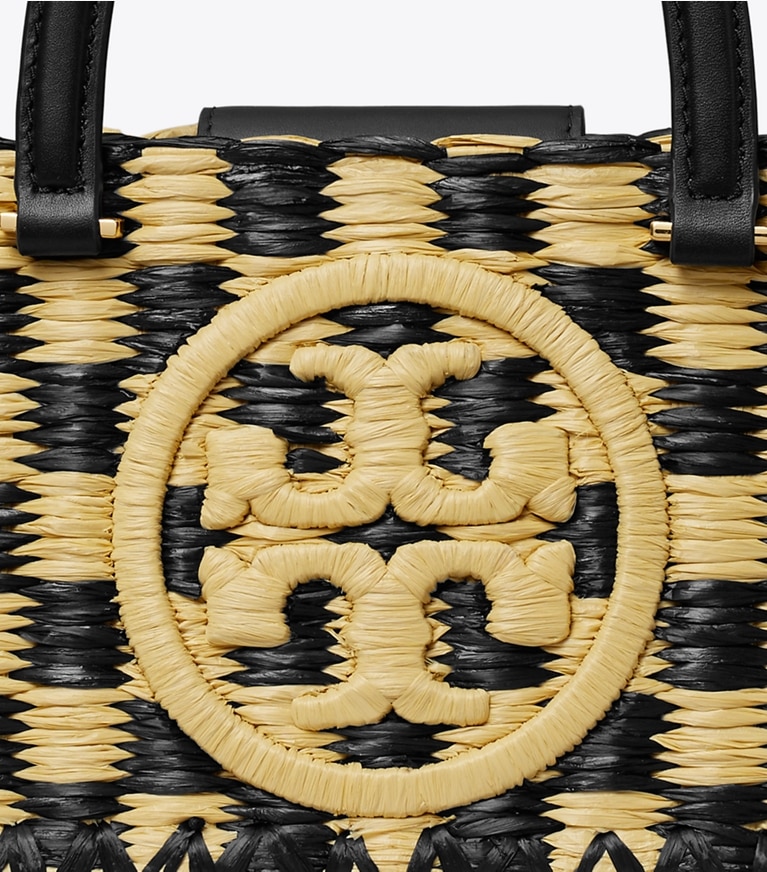 Tory Burch designer sac à main Fourre-tout crocheté à la main Ella East-West dans Black / Natural détails