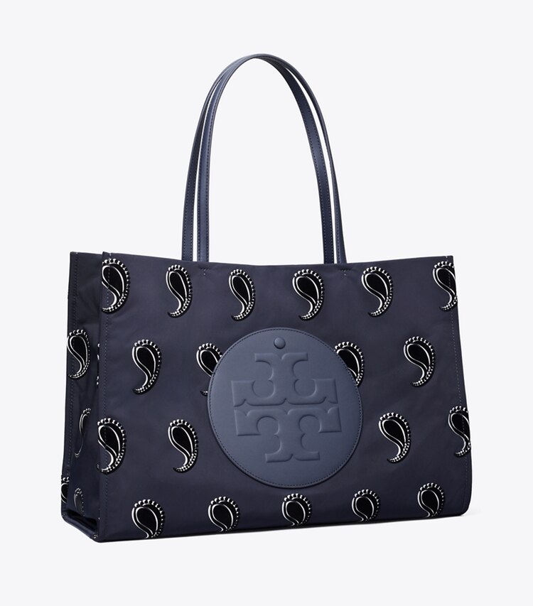 Tory Burch designer cabas Fourre-tout imprimé Ella dans Medium Navy Pajama Print angle