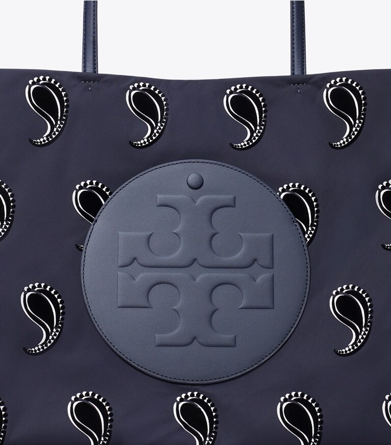 Tory Burch designer cabas Fourre-tout imprimé Ella dans Medium Navy Pajama Print détails