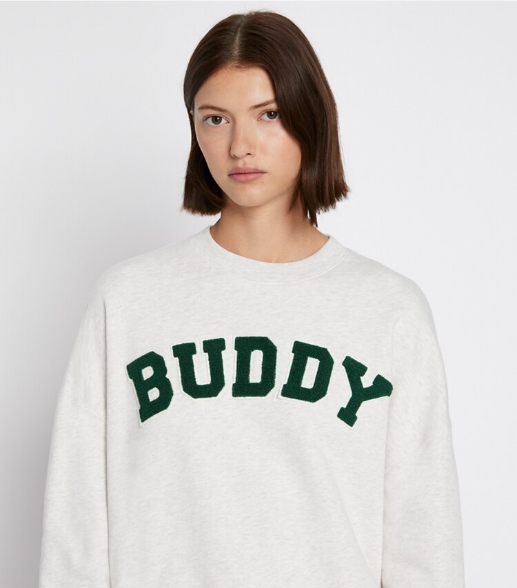 Tory Burch designer sweaters French Terry Buddy Crew in Light Grey Heather on model detail