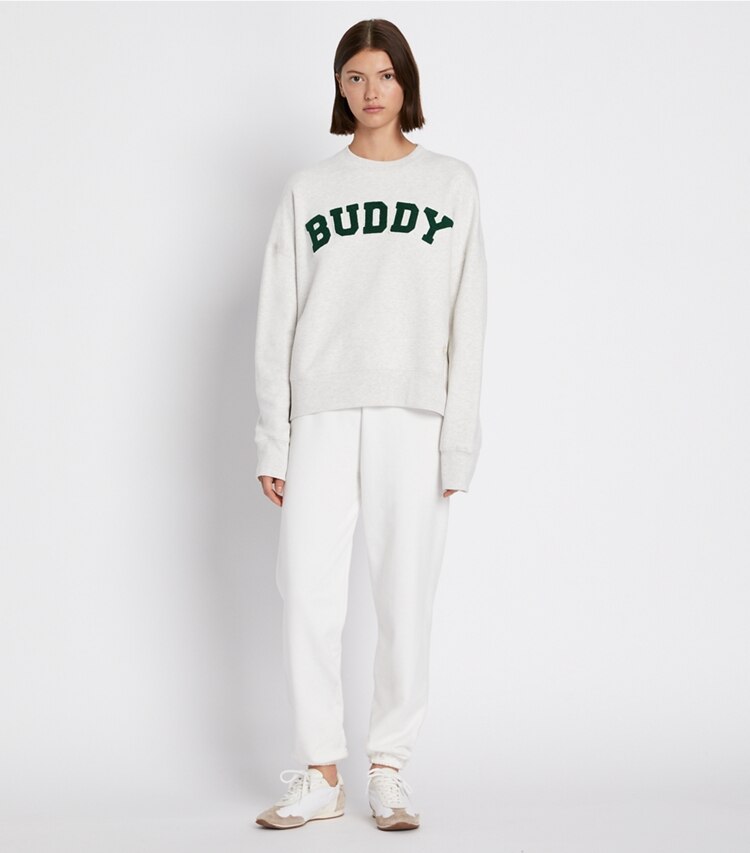 Tory Burch designer sweaters French Terry Buddy Crew in Light Grey Heather on model front