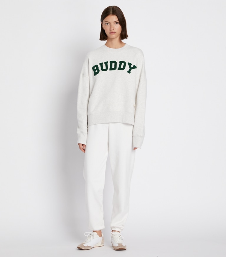 Tory Burch designer sweaters French Terry Buddy Crew in Light Grey Heather front