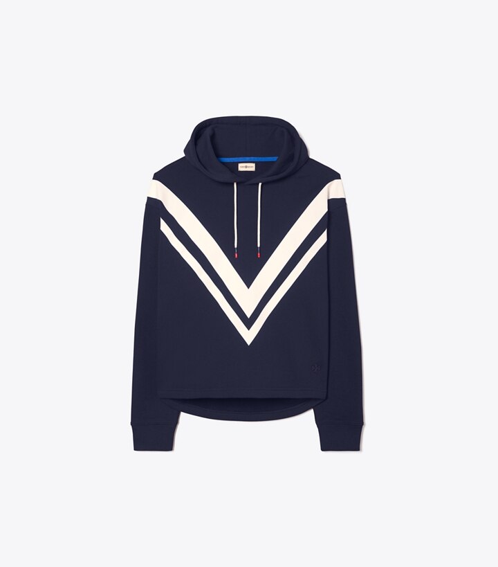 Tory Sport designer sweaters French Terry Chevron Hoodie in Tory Navy/Snow White front