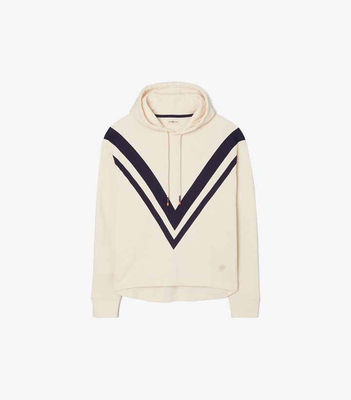 Tory Sport designer sweaters French Terry Chevron Hoodie in Ivory Pearl/Tory Navy front