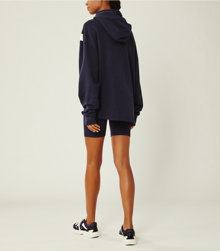 Tory Sport designer sweaters French Terry Chevron Hoodie in Tory Navy on model back