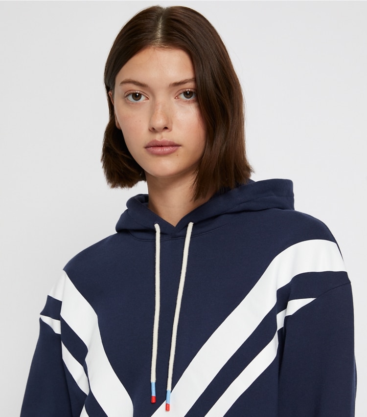 Tory Burch designer sweaters French Terry Chevron Hoodie in Tory Navy/Snow White on model detail