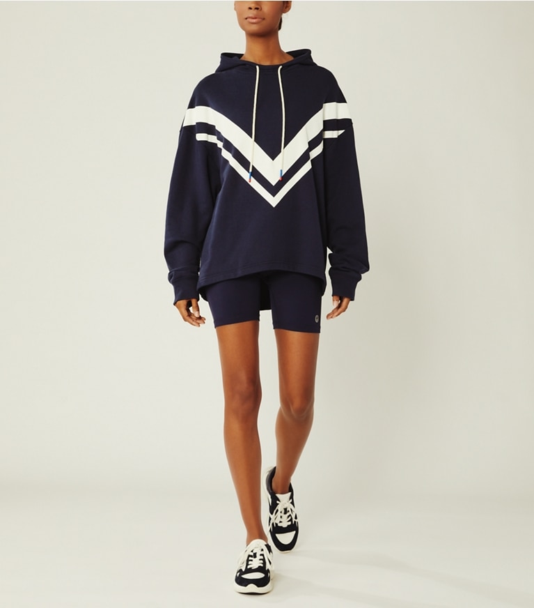 Tory Sport designer sweaters French Terry Chevron Hoodie in Tory Navy front