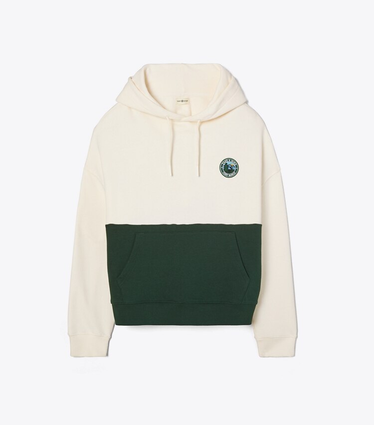 Tory Sport designer sweaters French Terry Color-Block Hike Hoodie in Conifer / Ivory Pearl front