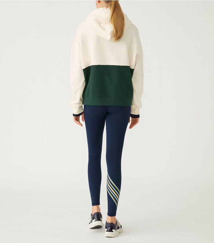 Tory Sport designer sweaters French Terry Color-Block Hike Hoodie in Conifer / Ivory Pearl on model back