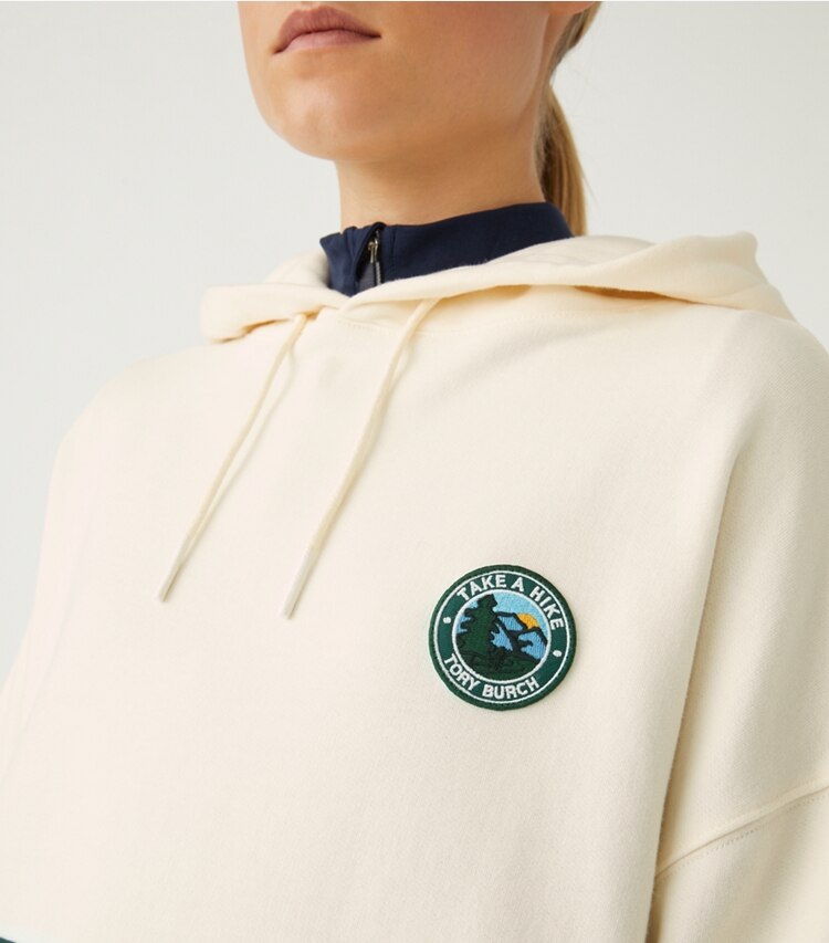 Tory Sport designer sweaters French Terry Color-Block Hike Hoodie in Conifer / Ivory Pearl on model detail