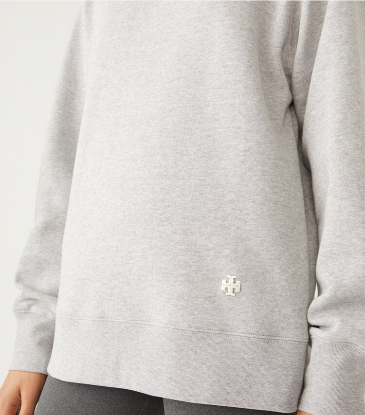 Tory Sport designer sweaters French Terry Crew in Medium Grey Heather on model detail