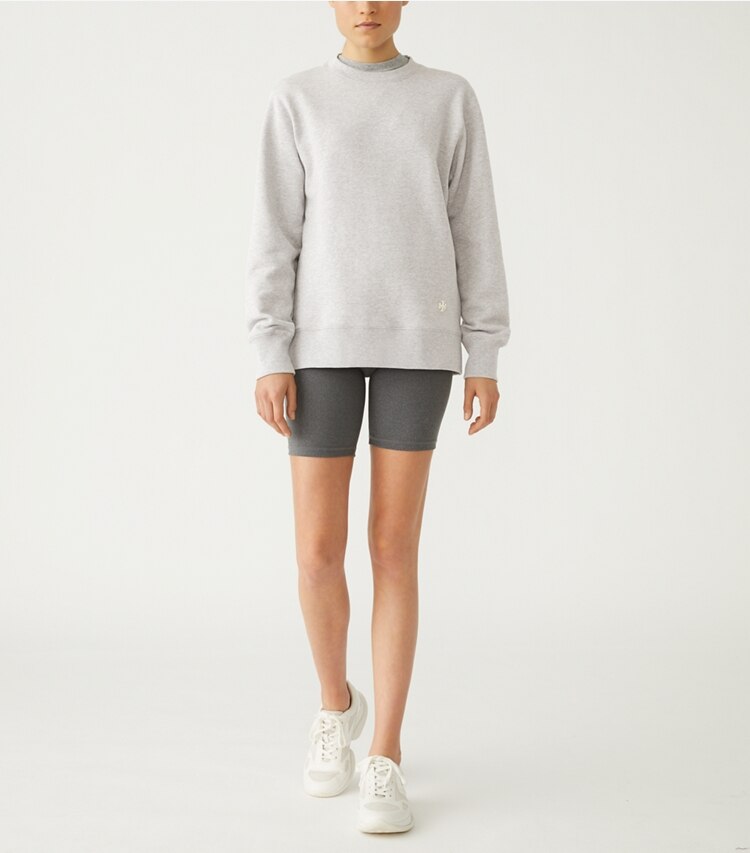 Tory Sport designer sweaters French Terry Crew in Medium Grey Heather on model front