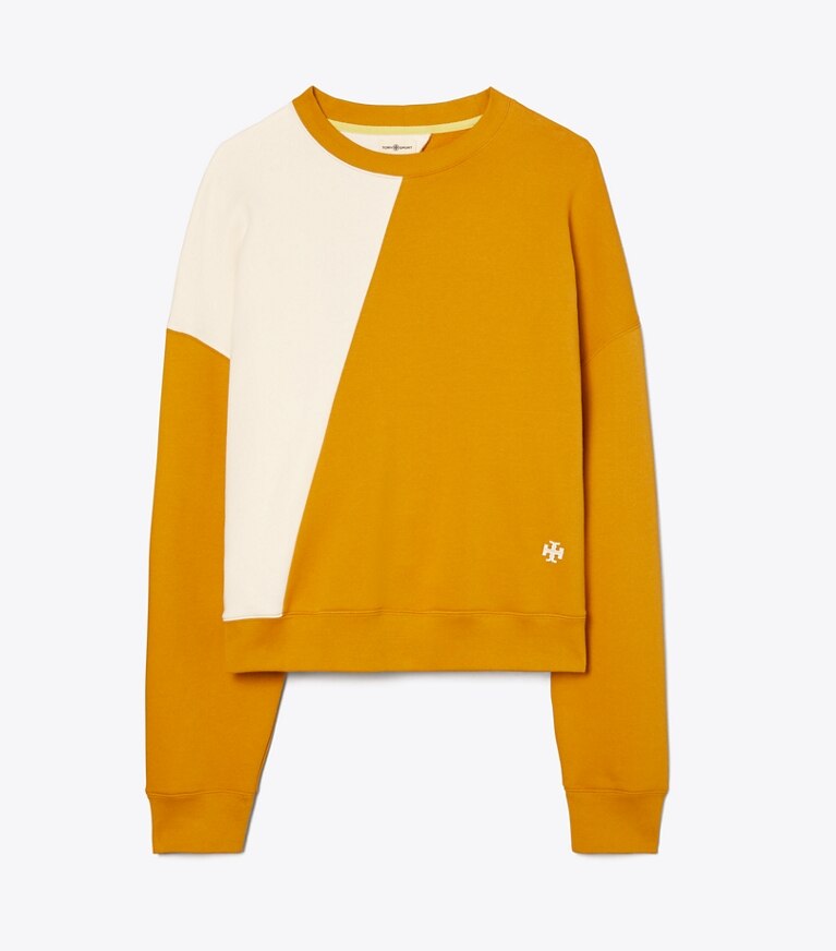 Tory Sport designer sweaters French Terry Diagonal Colorblock Crewneck in Spiced / Ivory Pearl front