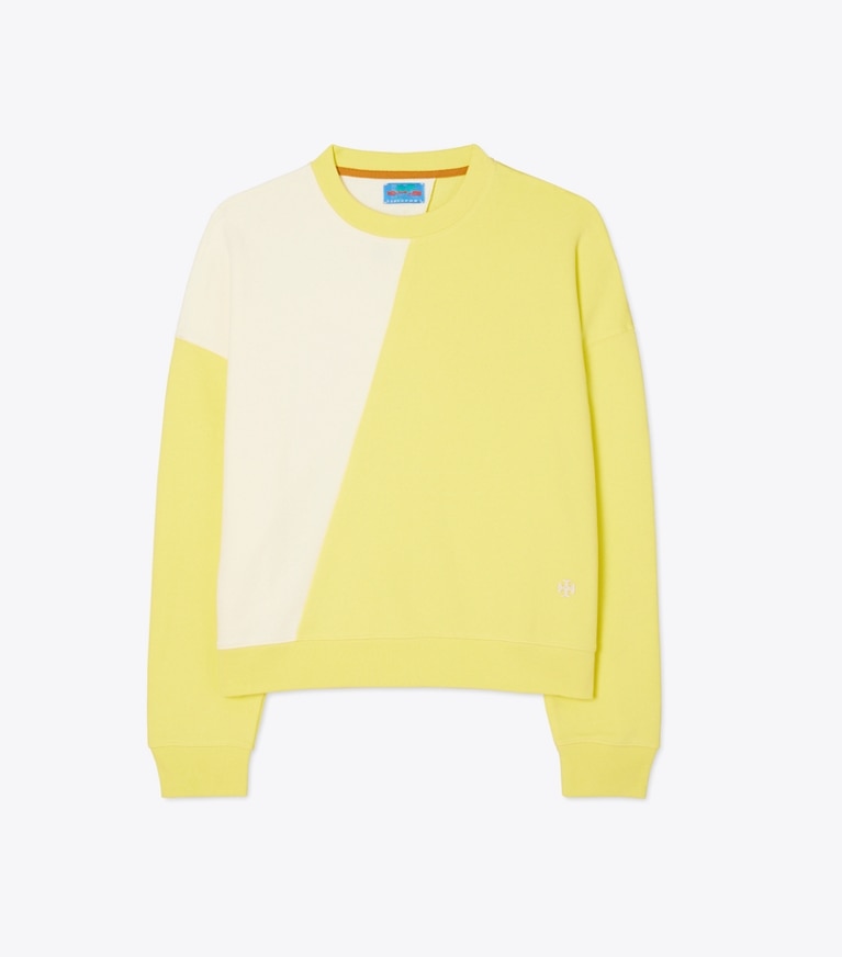Tory Sport designer sweaters French Terry Diagonal Colorblock Crewneck in Ivory Pearl / Lemon Glow front