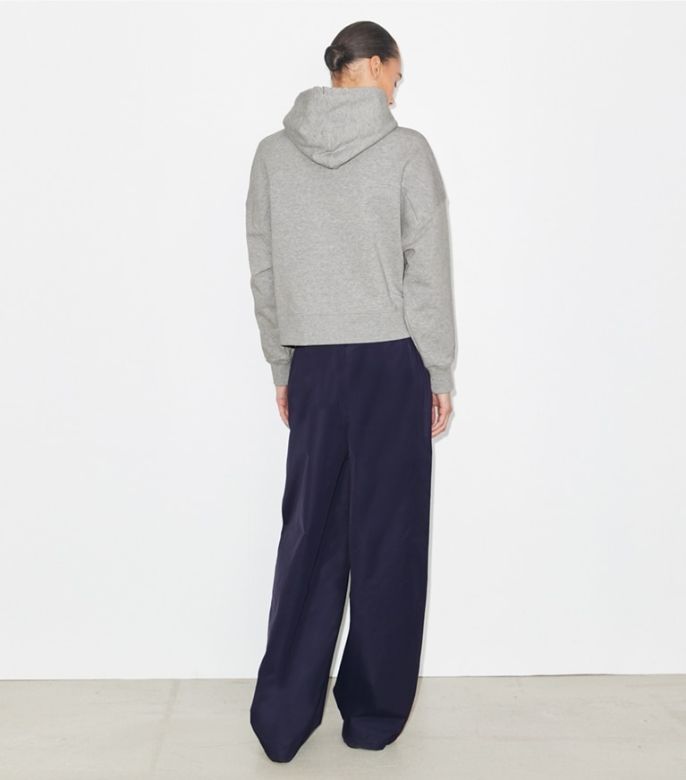 Tory Burch designer sweaters French Terry Hoodie in Medium Heather Gray on model back