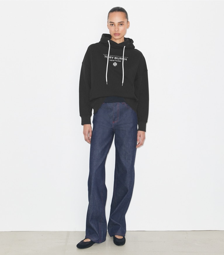 Tory Burch designer sweaters French Terry Hoodie in Black on model front
