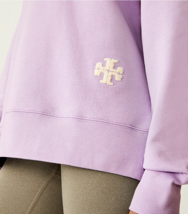 Tory Sport designer sweaters French Terry Logo Crew in White Lavender on model detail