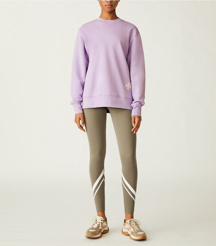 Tory Sport designer sweaters French Terry Logo Crew in White Lavender on model front