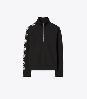 Tory Burch designer sweaters French Terry Logo Sleeve Half-Zip Sweatshirt in Black / New Ivory front
