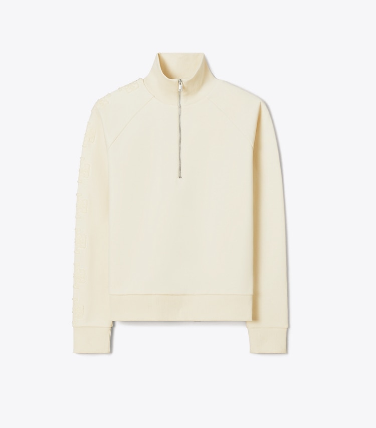 Tory Burch designer セーター フレンチテリー ロゴ スリーブ ハーフジップ スウェットシャツ in New Ivory / New Ivory front