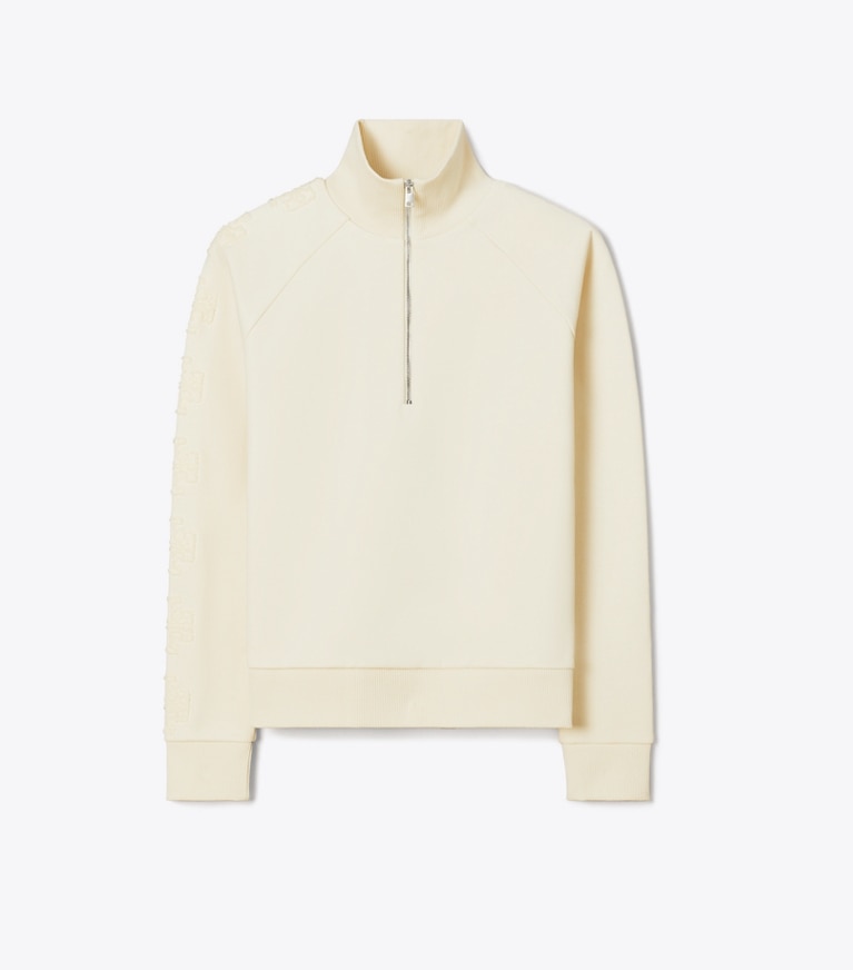 Tory Burch designer セーター フレンチテリー ロゴ スリーブ ハーフジップ スウェットシャツ in New Ivory / New Ivory front