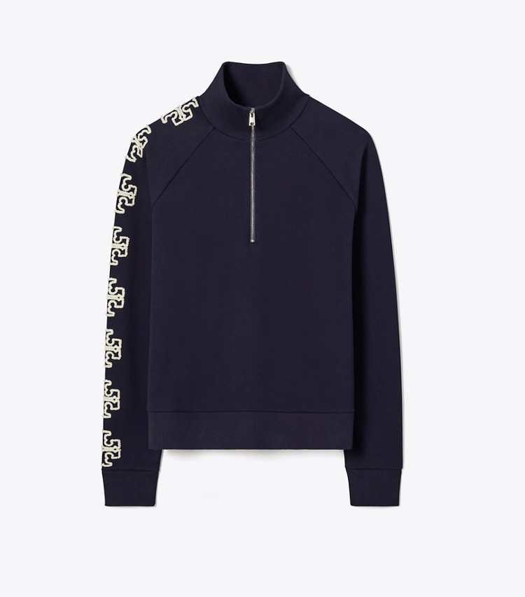 Tory Burch designer sweaters French Terry Logo Sleeve Half-Zip Sweatshirt in Medium Navy front