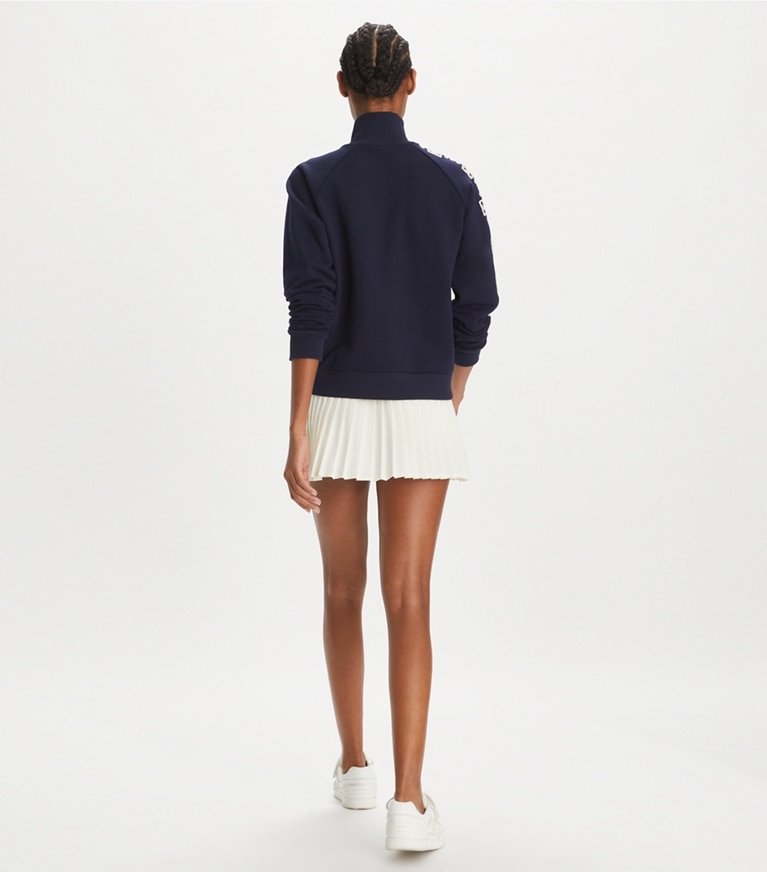 Tory Burch designer sweaters French Terry Logo Sleeve Half-Zip Sweatshirt in Medium Navy front