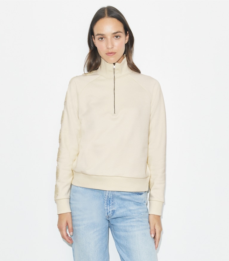 Tory Burch designer セーター フレンチテリー ロゴ スリーブ ハーフジップ スウェットシャツ in New Ivory / New Ivory front