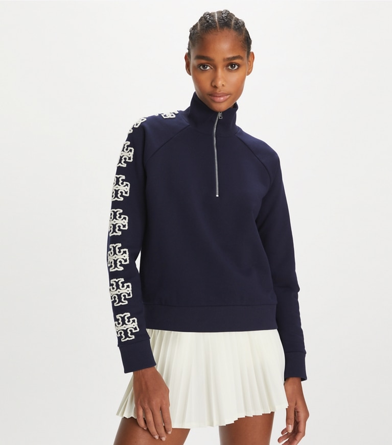 Tory Burch designer sweaters French Terry Logo Sleeve Half-Zip Sweatshirt in Medium Navy front