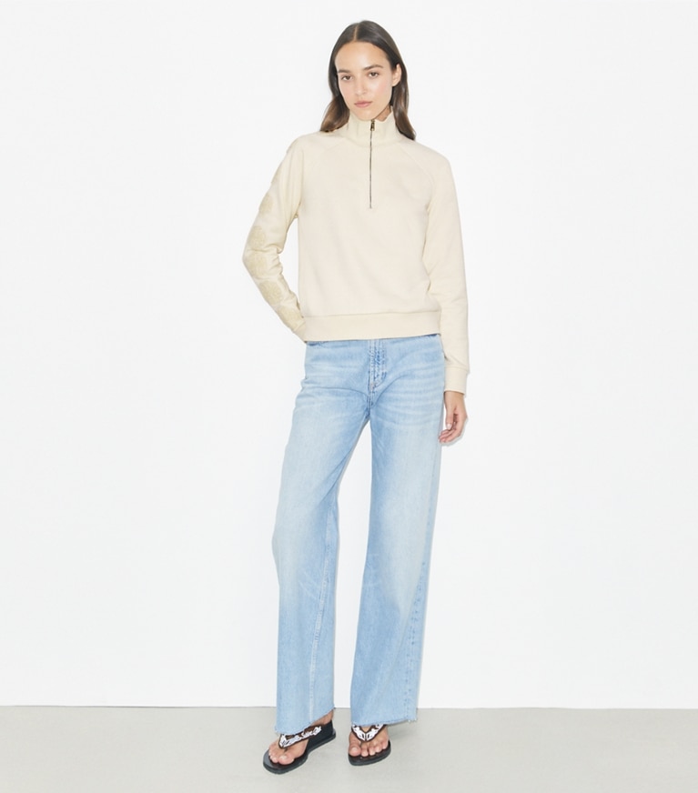 Tory Burch designer セーター フレンチテリー ロゴ スリーブ ハーフジップ スウェットシャツ in New Ivory / New Ivory front