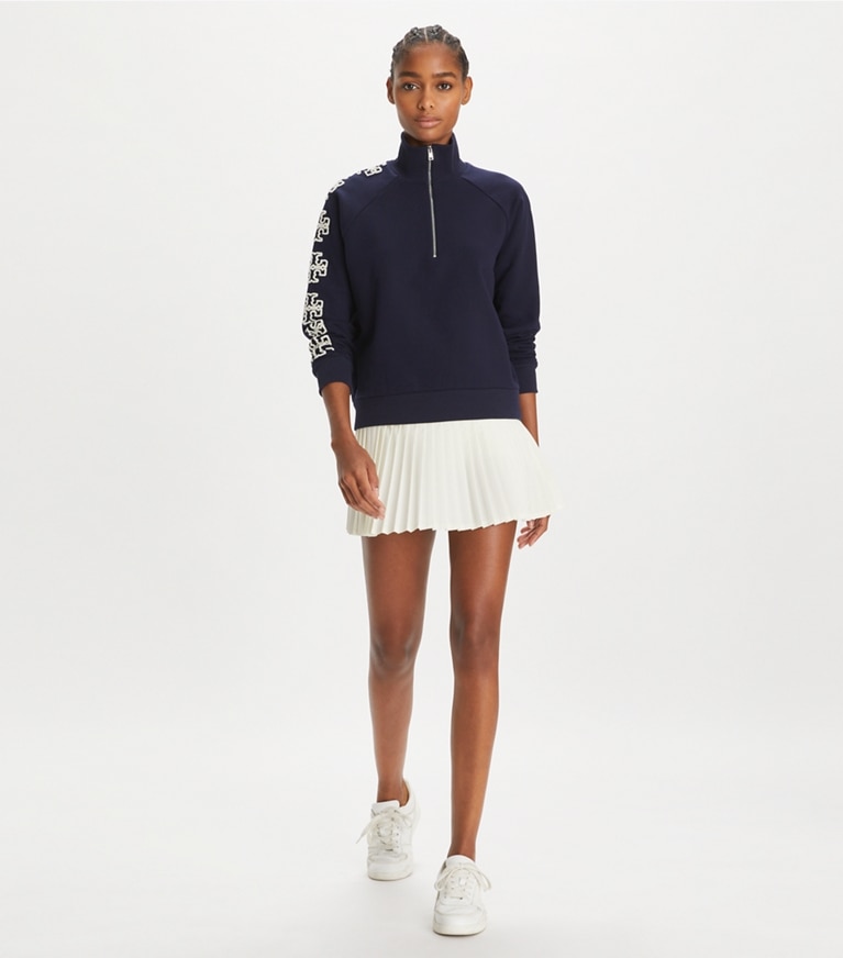 Tory Burch designer sweaters French Terry Logo Sleeve Half-Zip Sweatshirt in Medium Navy front
