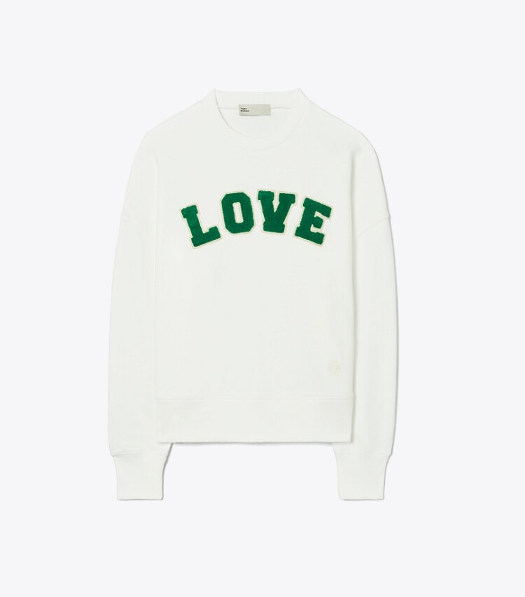 Tory Sport designer sweaters French Terry Love Crew in Snow White / Leaf Green front