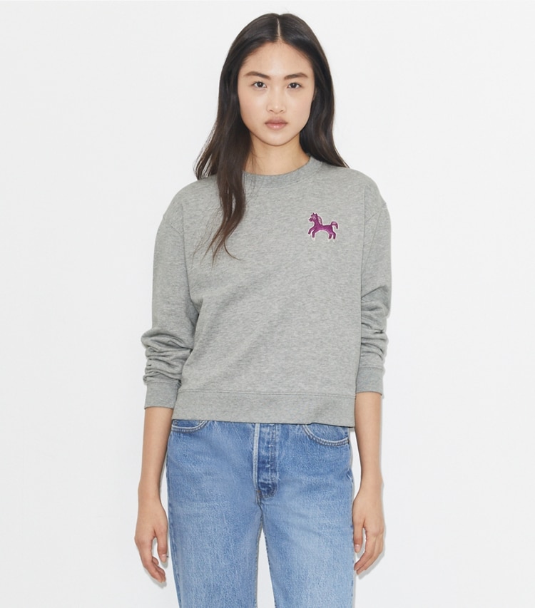 Tory Burch designer sweaters French Terry Pony Sweatshirt in Gray / Magenta on model detail