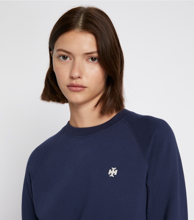 Tory Sport designer sweaters French Terry Raglan Crewneck in Tory Navy on model detail