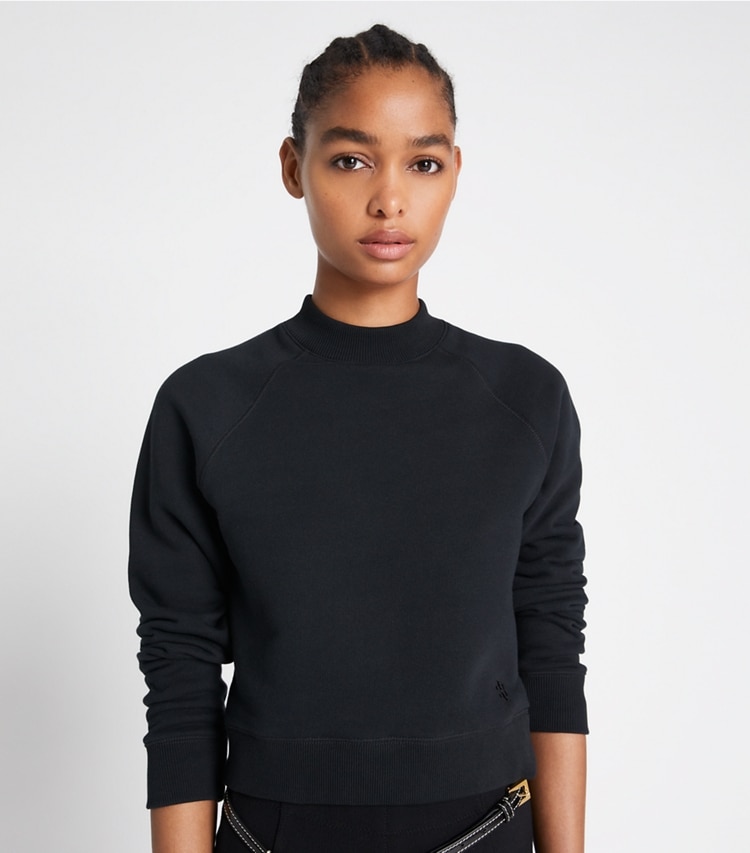 Tory Sport designer sweaters French Terry Shrunken Mockneck Crew in Black on model detail