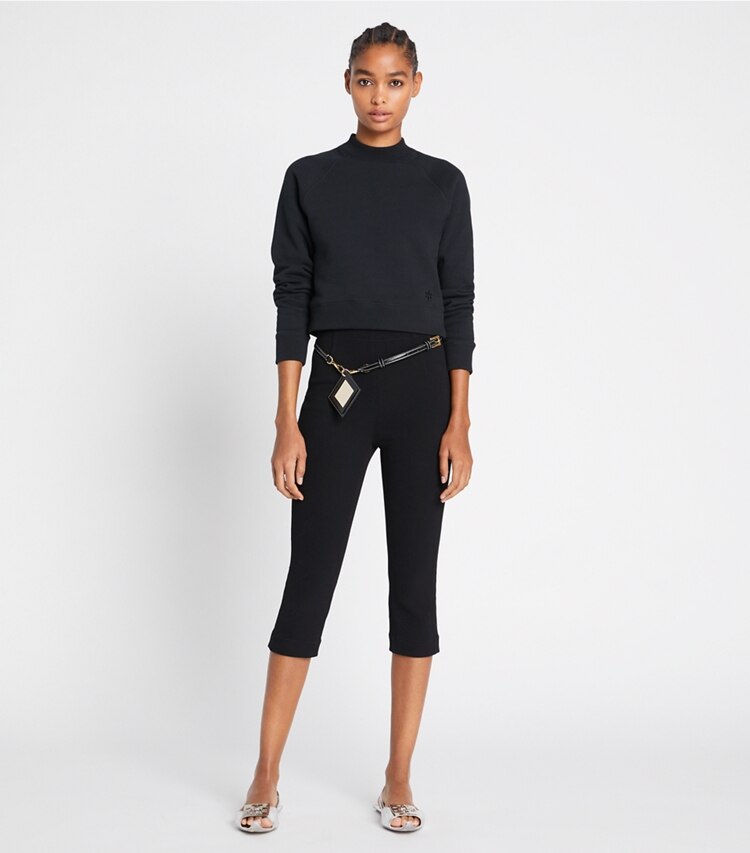 Tory Sport designer sweaters French Terry Shrunken Mockneck Crew in Black on model front